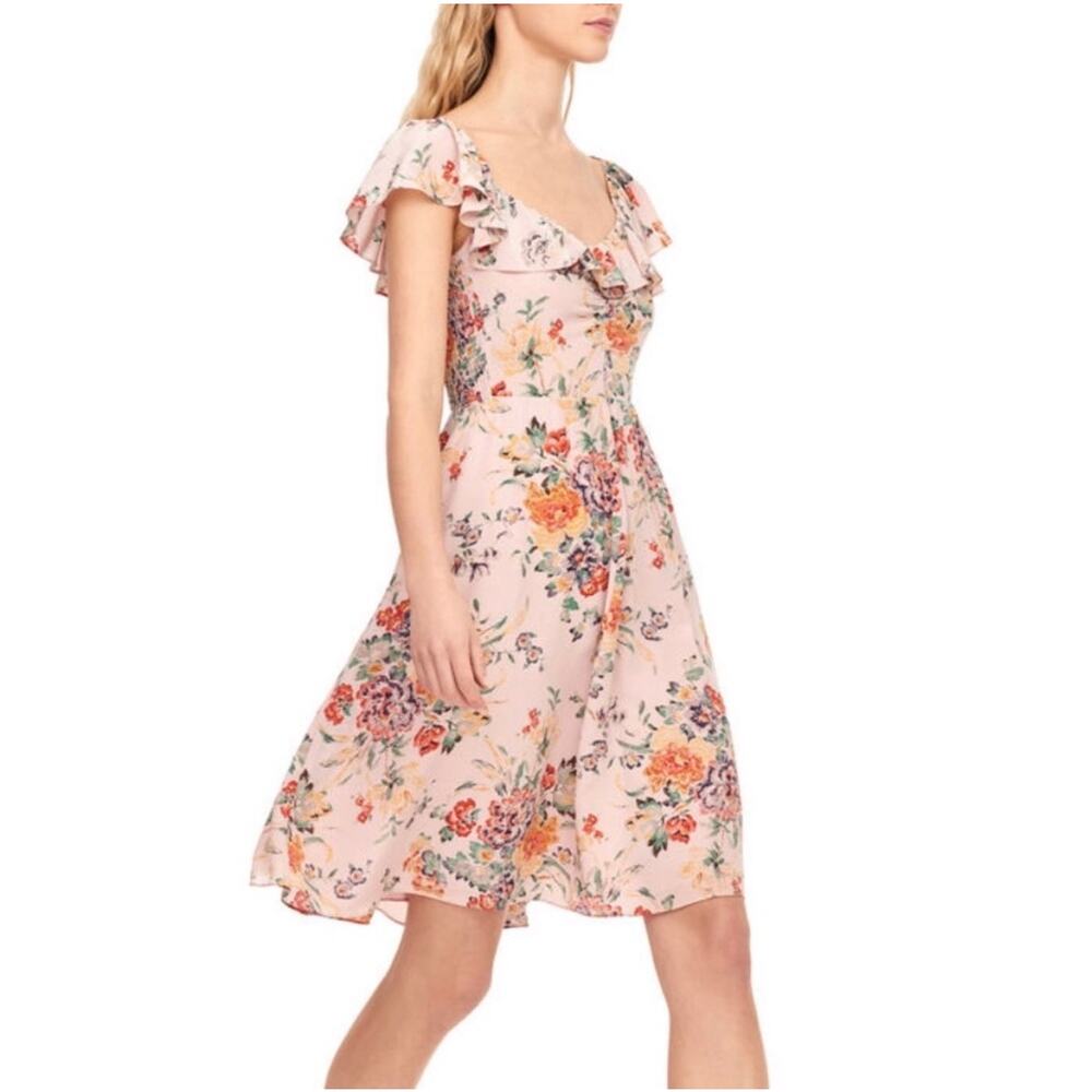 Rebecca Taylor Marlena Silk Floral Ruffle Dress Dusty Rose Size 0 Cottagecore
